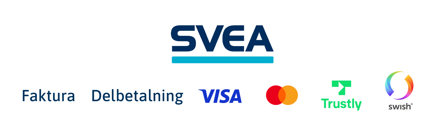 Logotyper av alla betalsätt som FakeFlowers använder. Logotyperna är följande: Svea faktura & delbetalning, Visa, Master Card, Trustly & Swish.