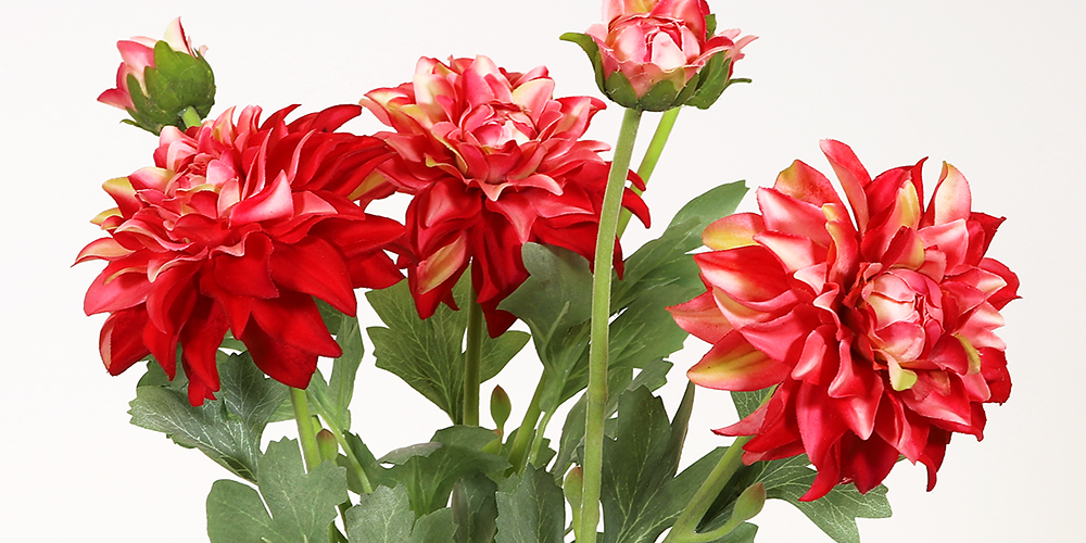 Tre konstgjorda dahlior i rött och gult med fylliga, veckade kronblad och en knopp, omgivna av gröna blad.