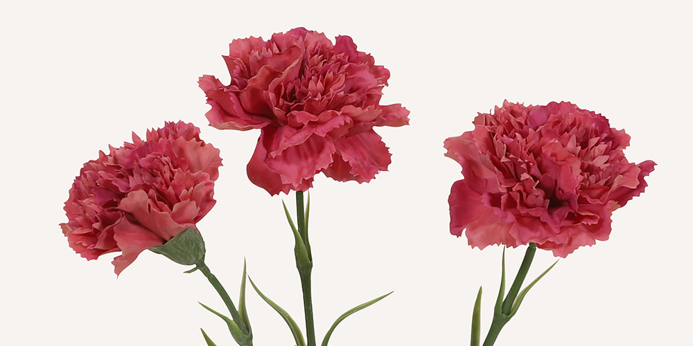 Tre konstgjorda nejlikor i en djup rosa färg med fransiga kronblad och gröna blad.