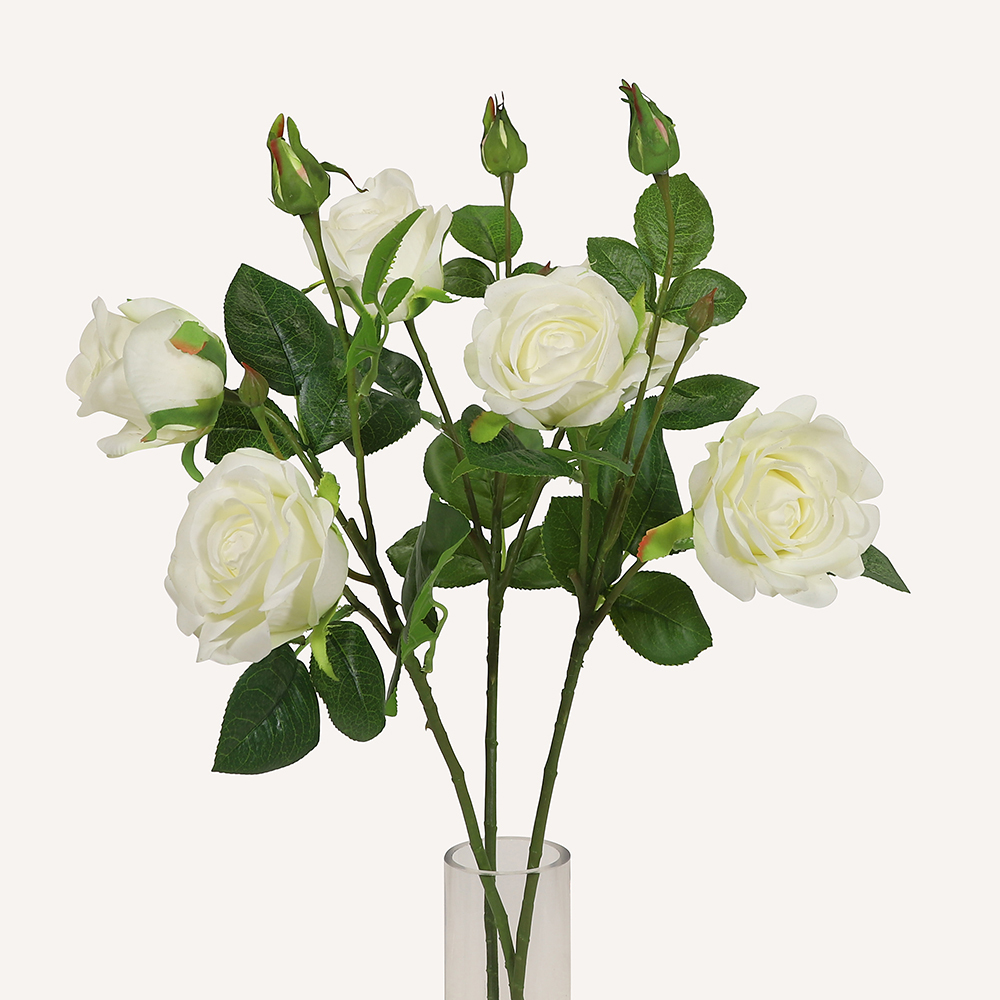 En elegant Buskros vit Annie, Konstgjord ros 45 cm hög 3 blommor med naturligt utseende och känsla. Detaljerad utformning med realistiskt bladverk. 3
