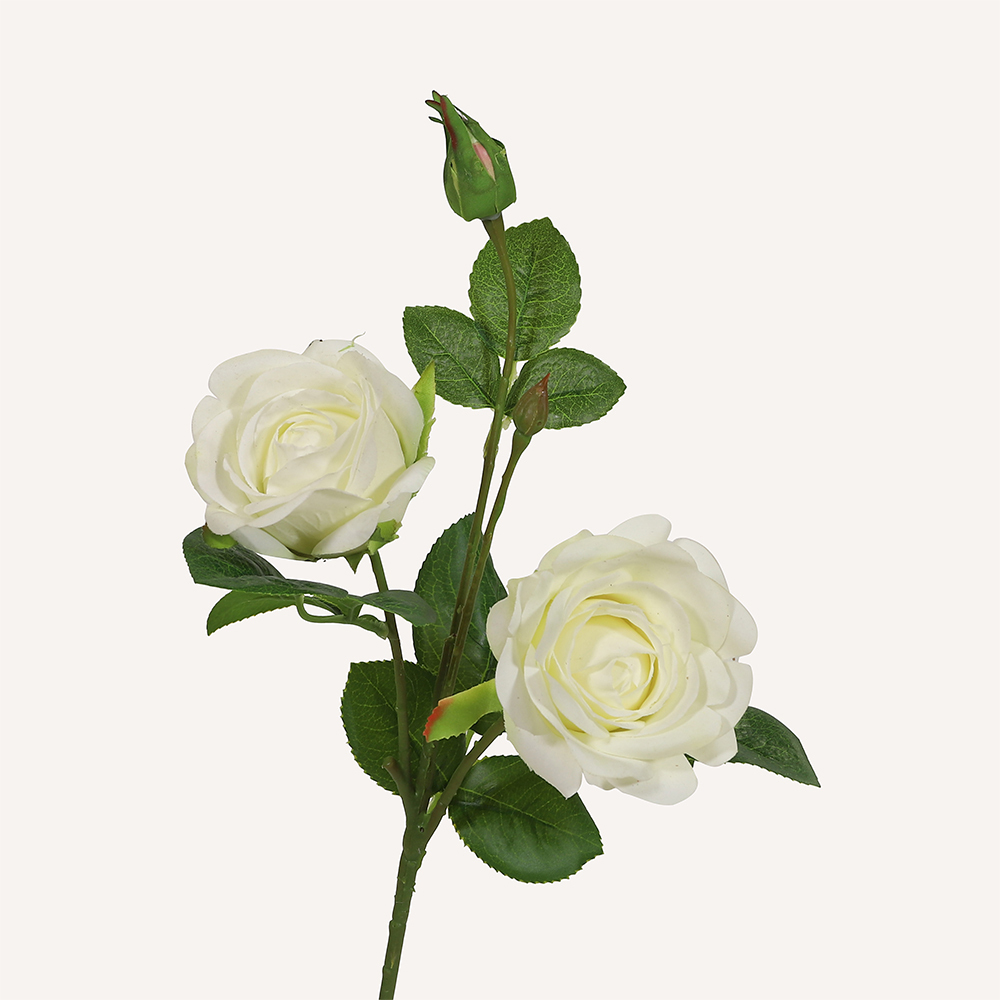 En elegant Buskros vit Annie, Konstgjord ros 45 cm hög 3 blommor med naturligt utseende och känsla. Detaljerad utformning med realistiskt bladverk. 
