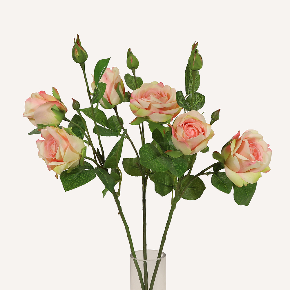 En elegant Buskros gulrosa Annie, Konstgjord ros 45 cm hög 3 blommor med naturligt utseende och känsla. Detaljerad utformning med realistiskt bladverk. 3