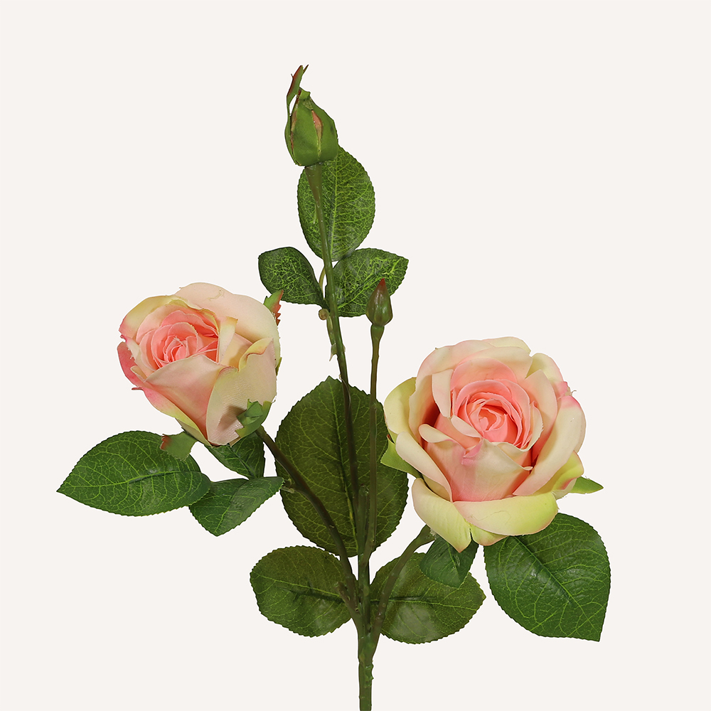 En elegant Buskros gulrosa Annie, Konstgjord ros 45 cm hög 3 blommor med naturligt utseende och känsla. Detaljerad utformning med realistiskt bladverk. 