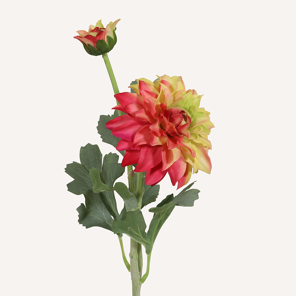 En elegant Blombukett rödgul dahlia Vincente, Konstgjord blombukett med 6 blommor och snittgrönt med naturligt utseende och känsla. Detaljerad utformning med realistiskt bladverk. 1