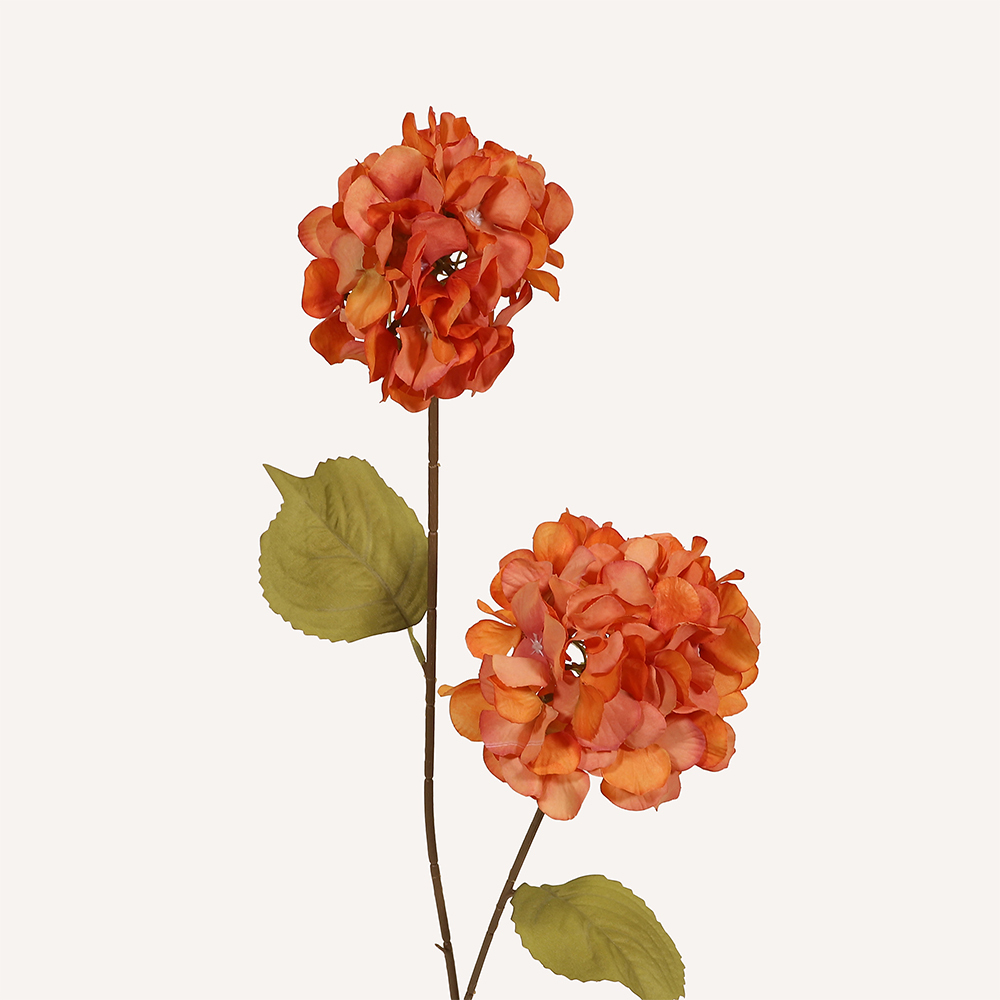 En elegant Hortensia orange Paniculata, Konstgjord hortensia 80 cm hög med 2 blommor med naturligt utseende och känsla. Detaljerad utformning med realistiskt bladverk. 